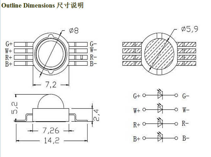 PLCC8 High Power 8 Pin SMD LED 4w , Rgbw Led Diode 1200 MA Current