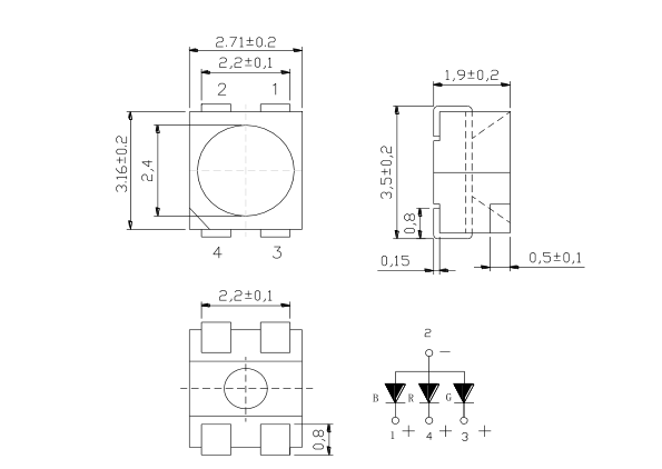 Black 3528 Rgb Led Chip Top View 1.90 Mm Height With Colors Clear Window Display